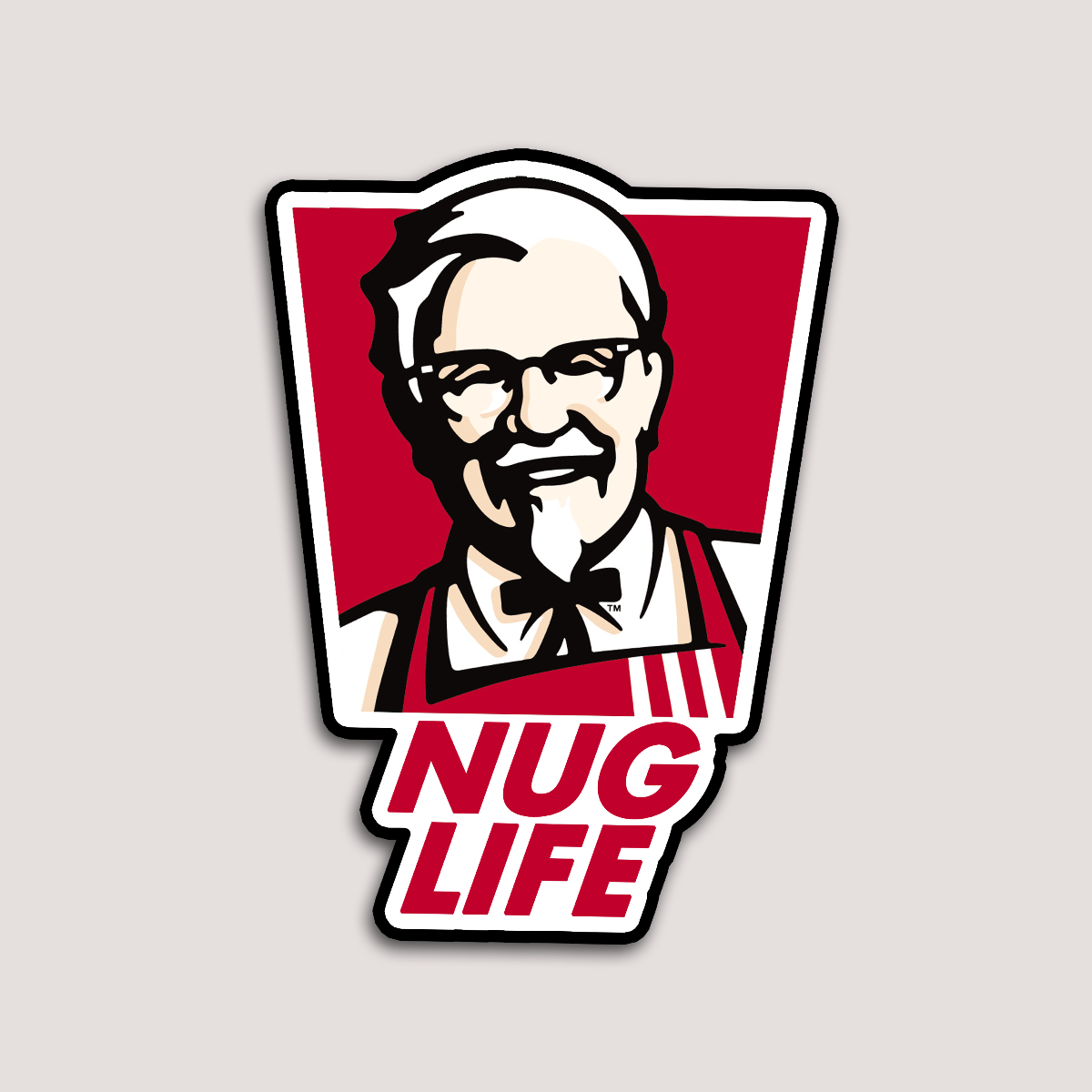 A sticker with an illustration of a famous fast-food character in red and white, with the text 'NUG LIFE' below.