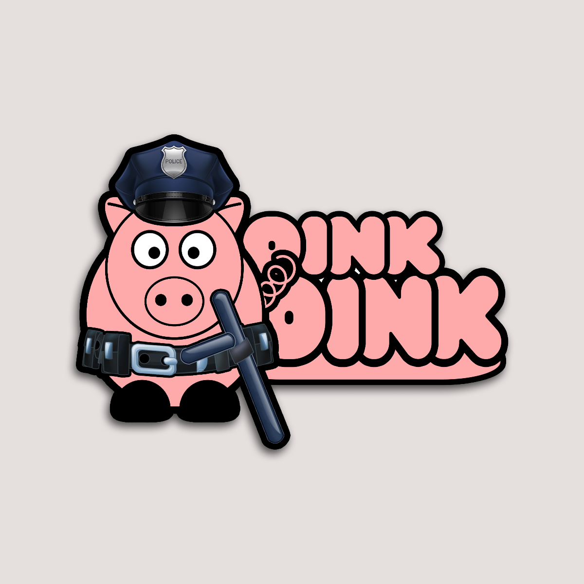 A sticker design featuring a cartoon pig character dressed as a police officer with the text 'OINK OINK' in bold letters. 
