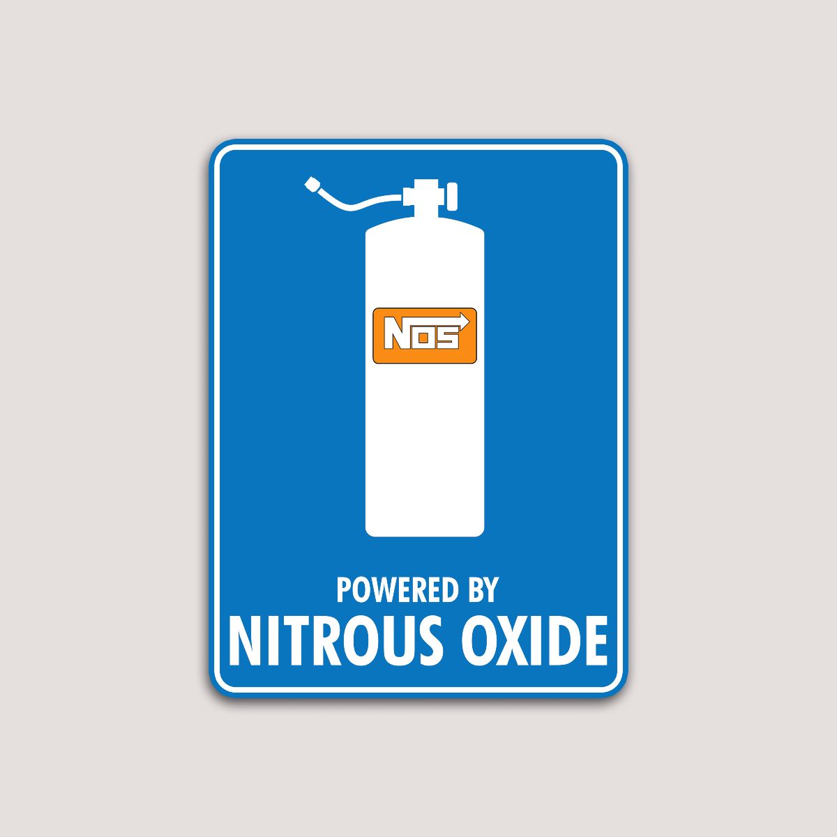 A blue vinyl sticker with a white graphic of a nitrous oxide bottle and the text 'POWERED BY NITROUS OXIDE'.