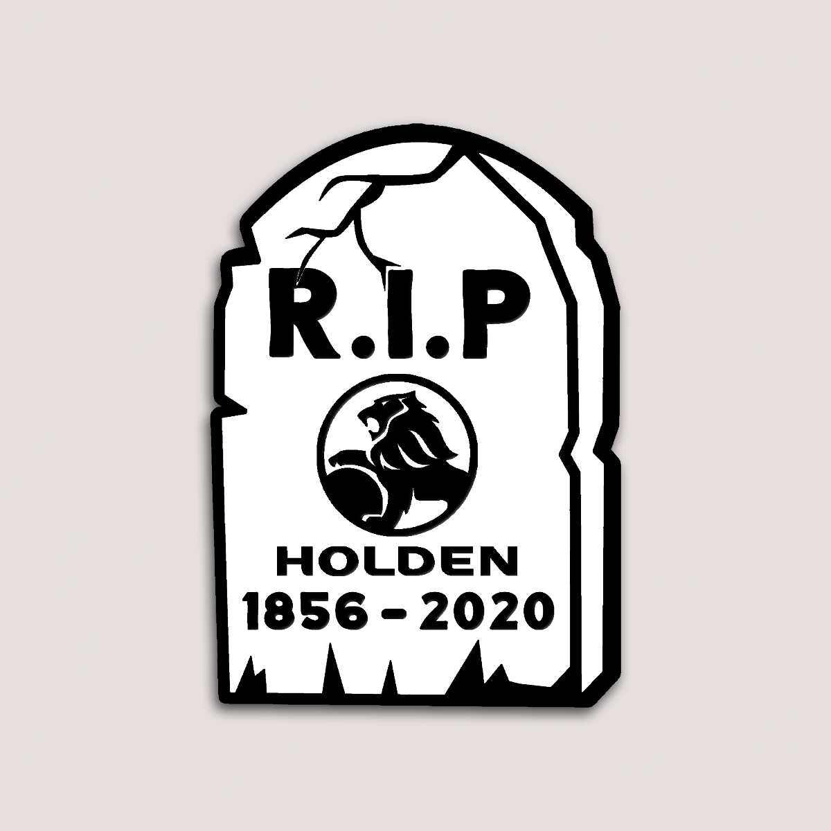 A white vinyl sticker with a tombstone design, featuring the text 'R.I.P. HOLDEN 1856-2020' and an image of a Holden logo.