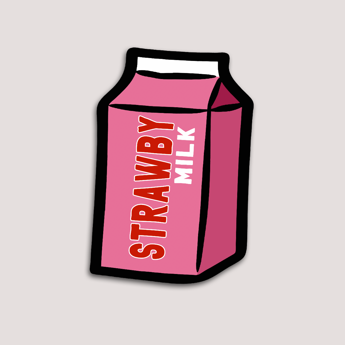 A sticker in the shape of a pink milk carton with the word 'STRAWBY MILK' printed on it.