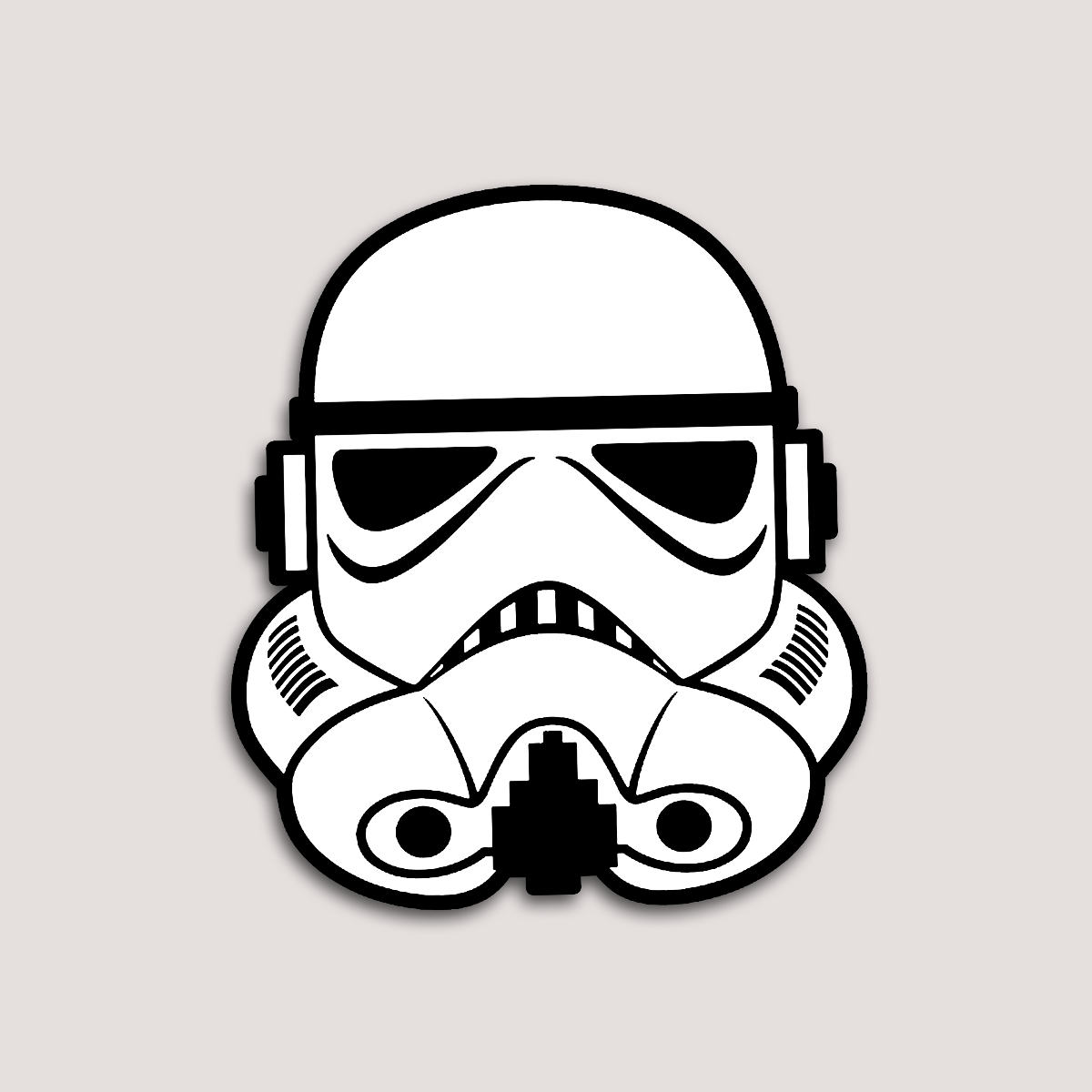 A sticker depicting a black and white image of a Star Wars Stormtrooper helmet.