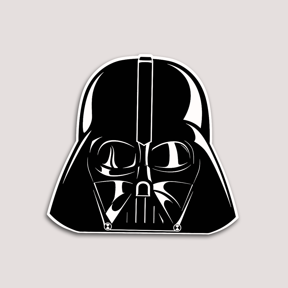 A sticker depicting the helmet of Darth Vader from Star Wars in a black and white design.