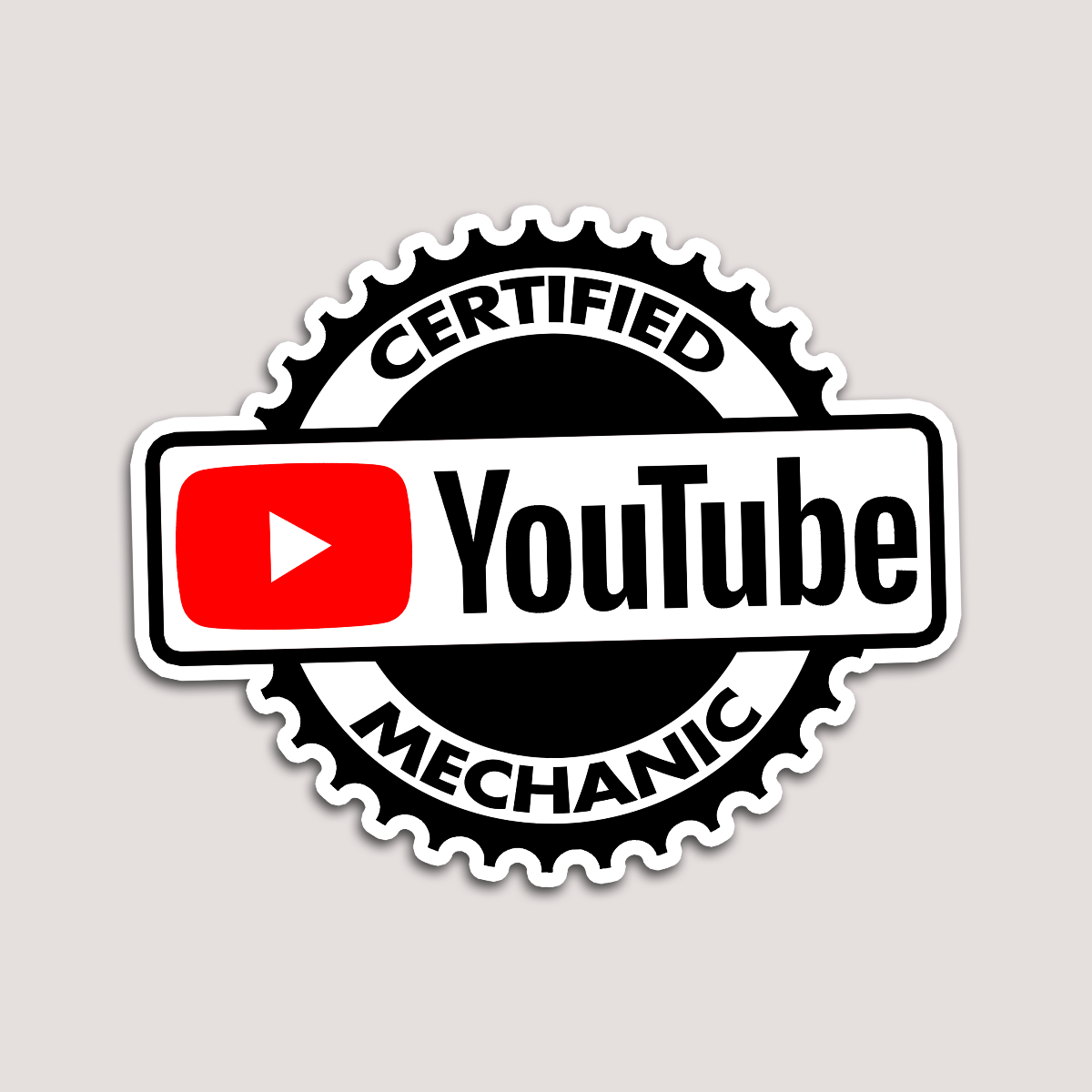 A sticker with a black, white, and red design featuring the text 'CERTIFIED MECHANIC' and the YouTube logo, indicating a humorous certification for a YouTube channel.