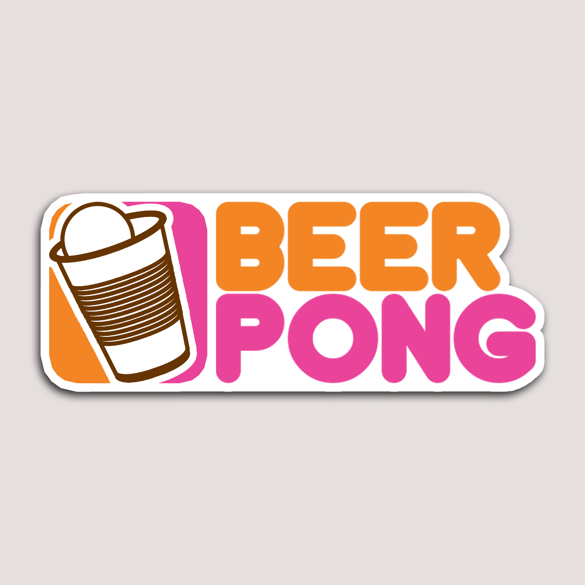 A sticker with a graphic of a beer cup and the text 'BEER PONG' in bold, orange and pink letters.