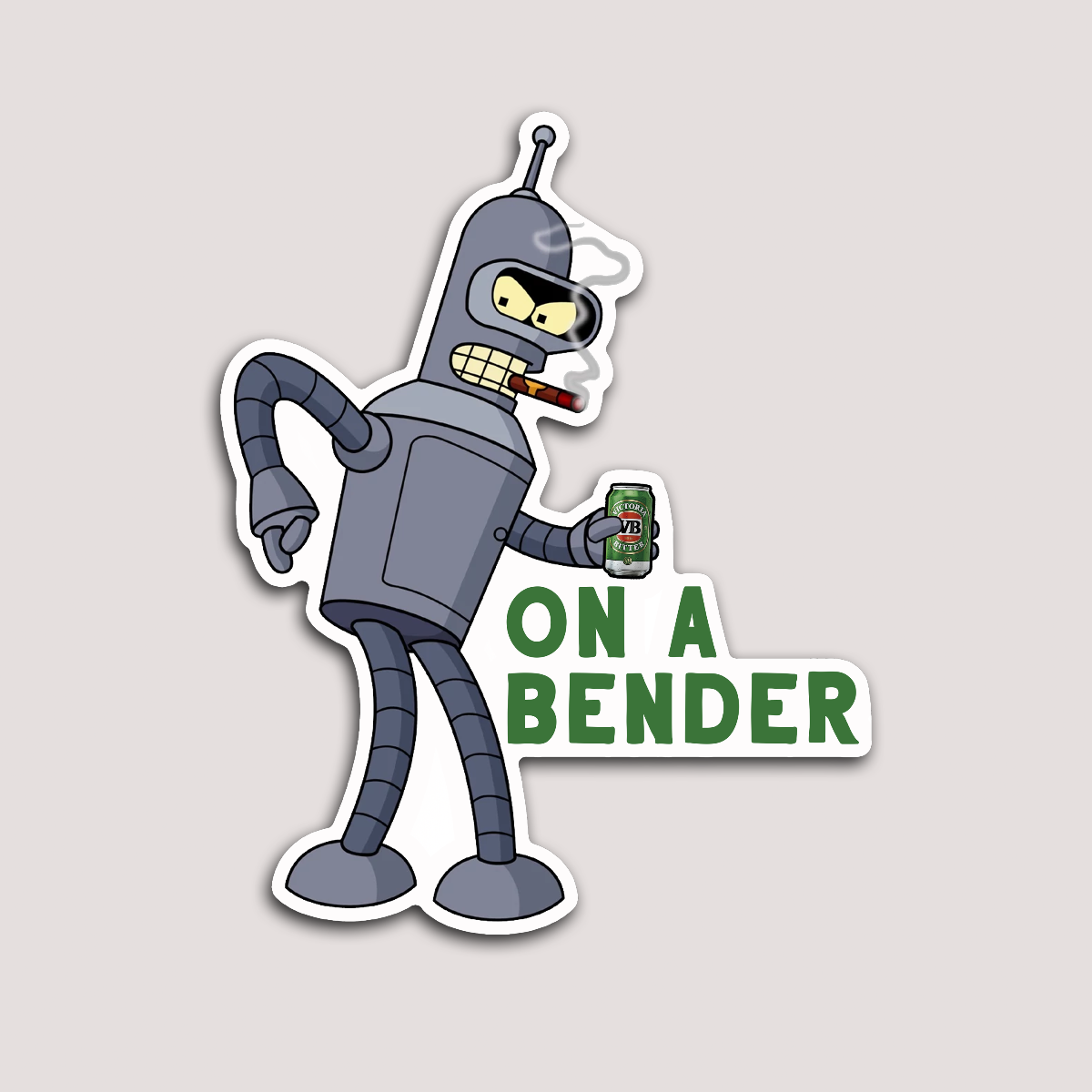 A sticker featuring a cartoon robot character with a drink, labeled with the phrase 'ON A BENDER'.