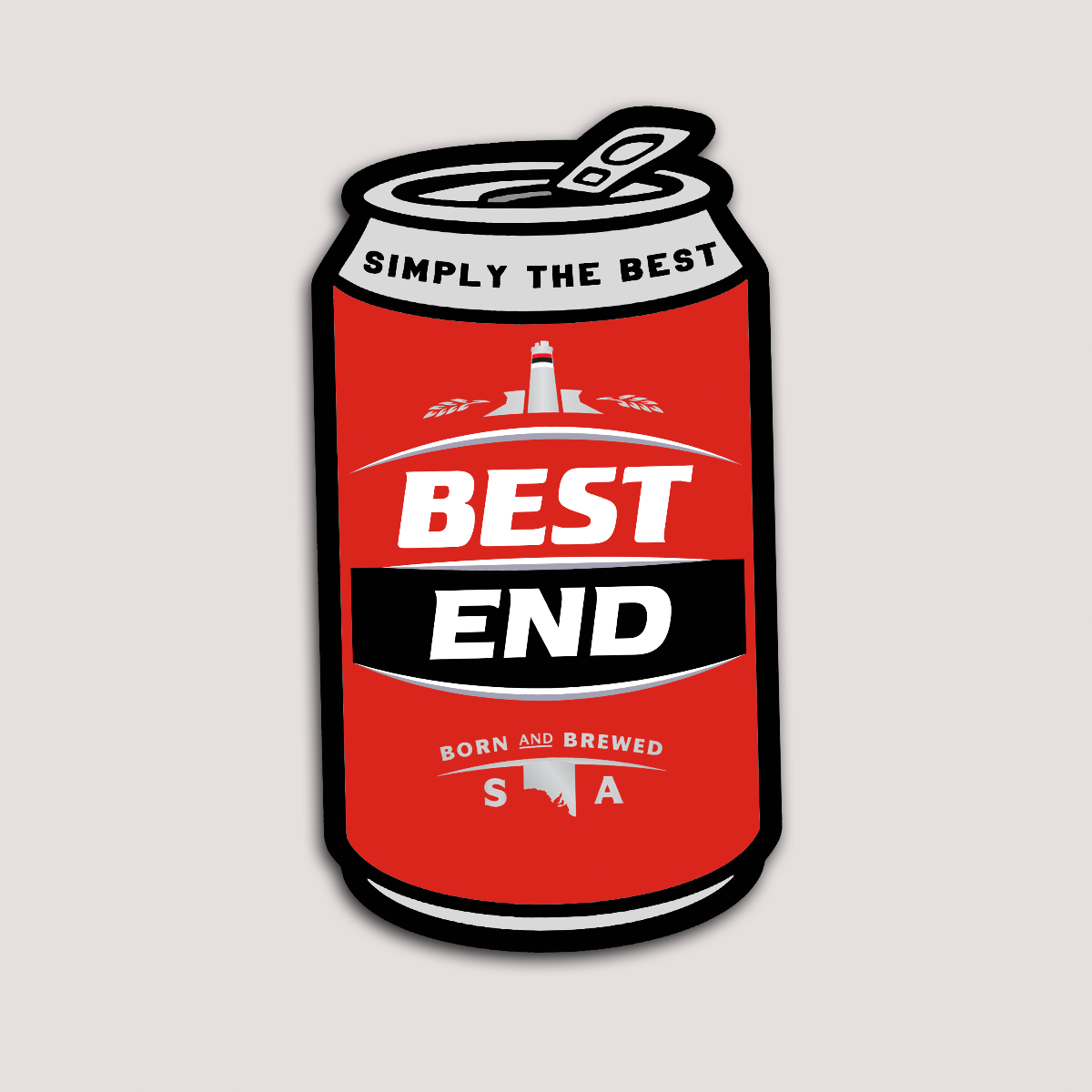 A sticker designed to resemble a red beer can with the text 'BEST END' prominently displayed, and the phrase 'SIMPLY THE BEST' at the top. The sticker has a white outline highlighting the text.