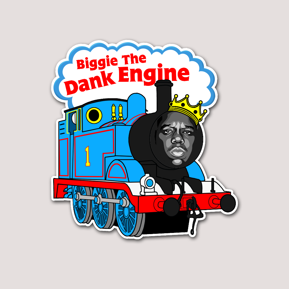 A sticker featuring a cartoon train engine with a Biggie's face as the engine's chimney, titled 'Biggie The Dank Engine'.