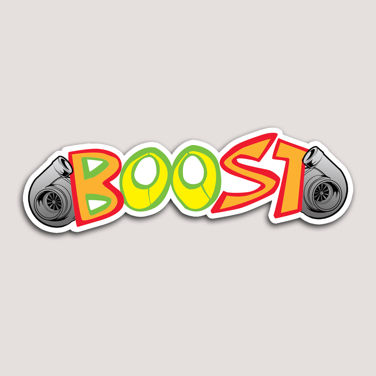 A sticker with the word 'BOOST' in bold, bright letters, with a graphic of a turbocharger on the left and right sides.