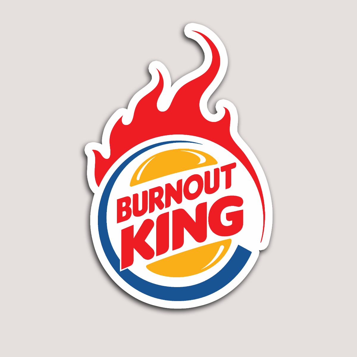 A sticker with a red and blue flame design containing the text 'BURNOUT KING'.