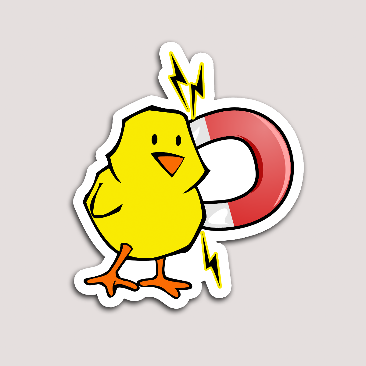 A sticker depicting a yellow bird with a red magnet on its back, with a lightning bolt symbol above the bird.