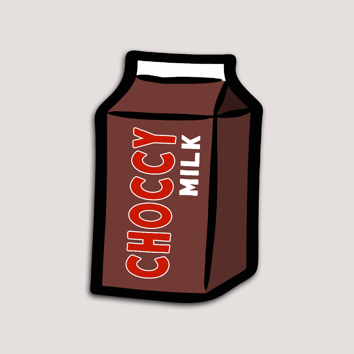 A sticker depicting a carton of chocolate milk with the text 'CHOCY MILK' on it.