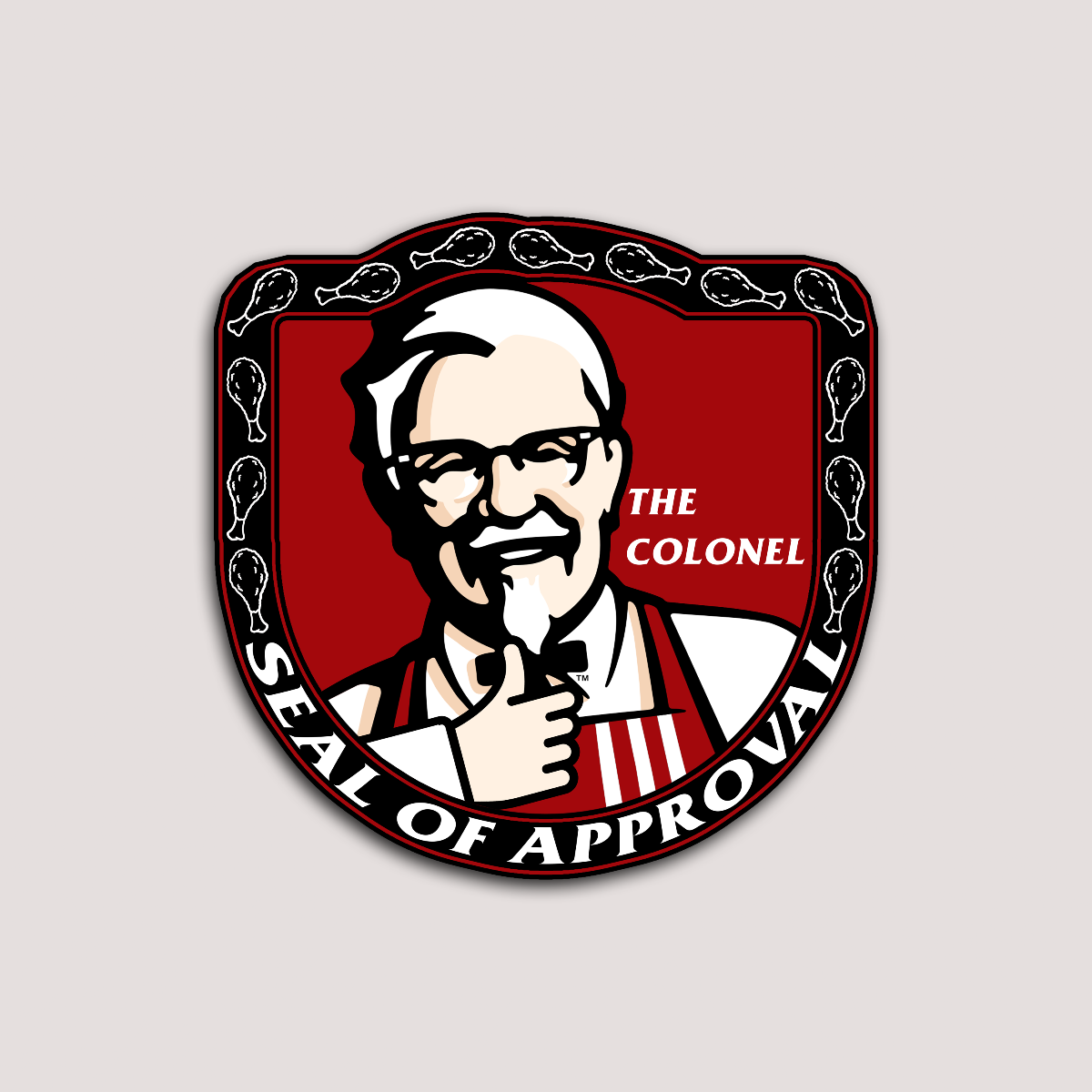 A sticker featuring a cartoon depiction of a colonel with a red and white color scheme, and the text 'The Colonel Seal of Approval'.