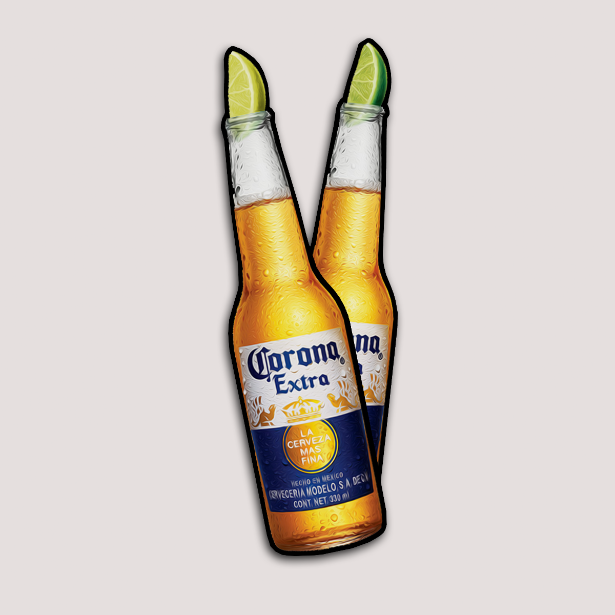 A sticker designed to look like two bottles of Corona Extra with a peace sign formed by their handles.