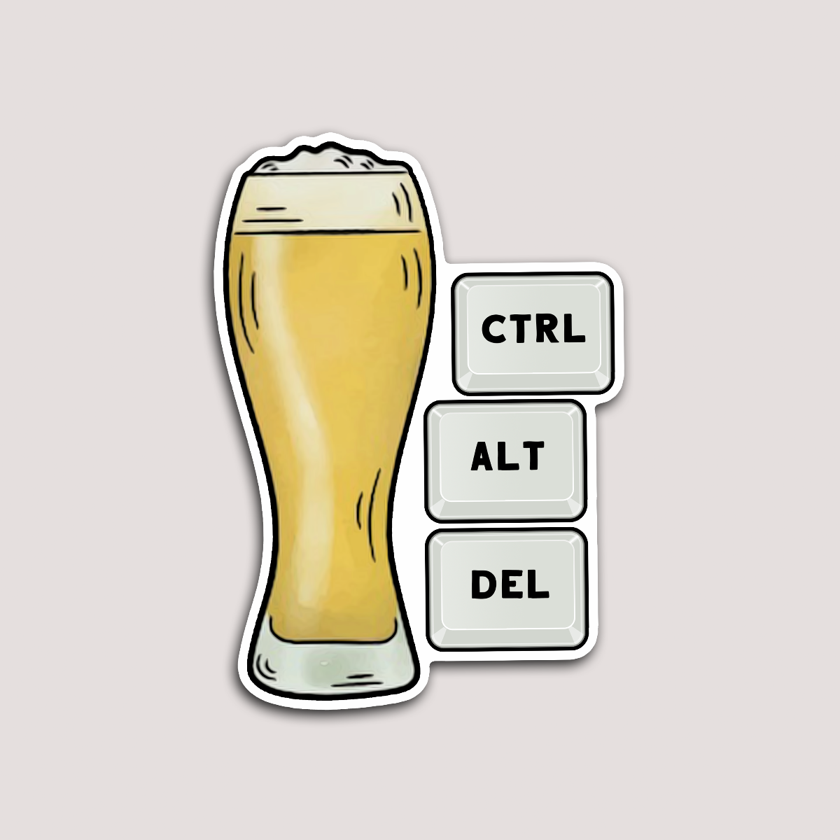 A sticker depicting a beer glass with 'CTRL ALT DEL' buttons, symbolizing the action of forgetting the night with beer.