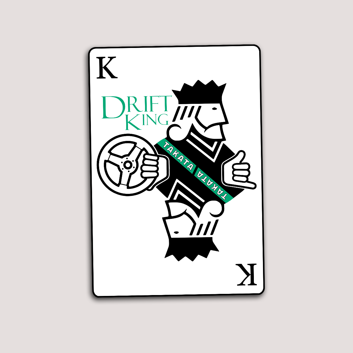 A sticker depicting a cartoon king character with a steering wheel, crown, and the text 'DRIFT KING'.