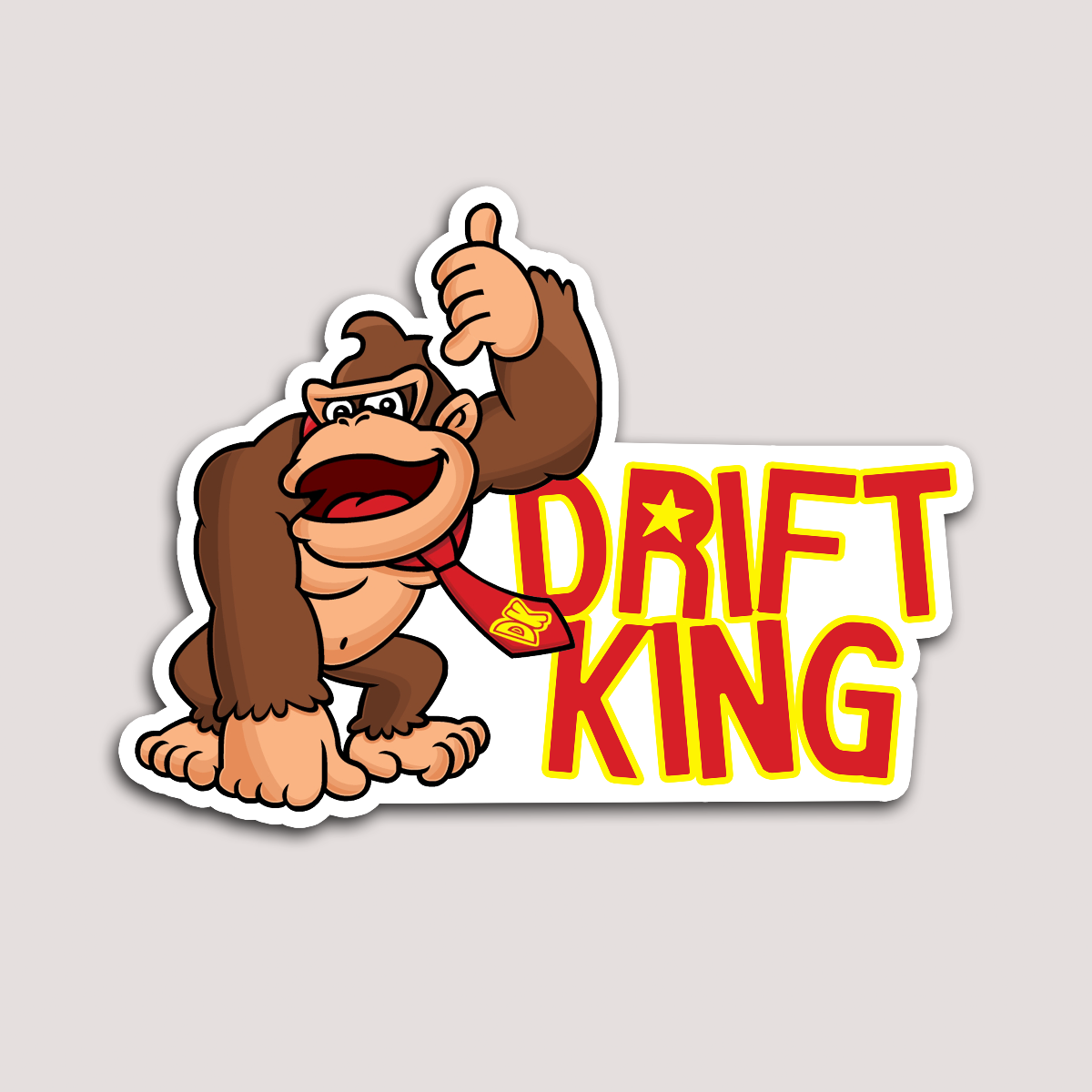 A sticker featuring a cartoon version of Donkey Kong with a 'DRIFT KING' text in bold red and yellow colors.