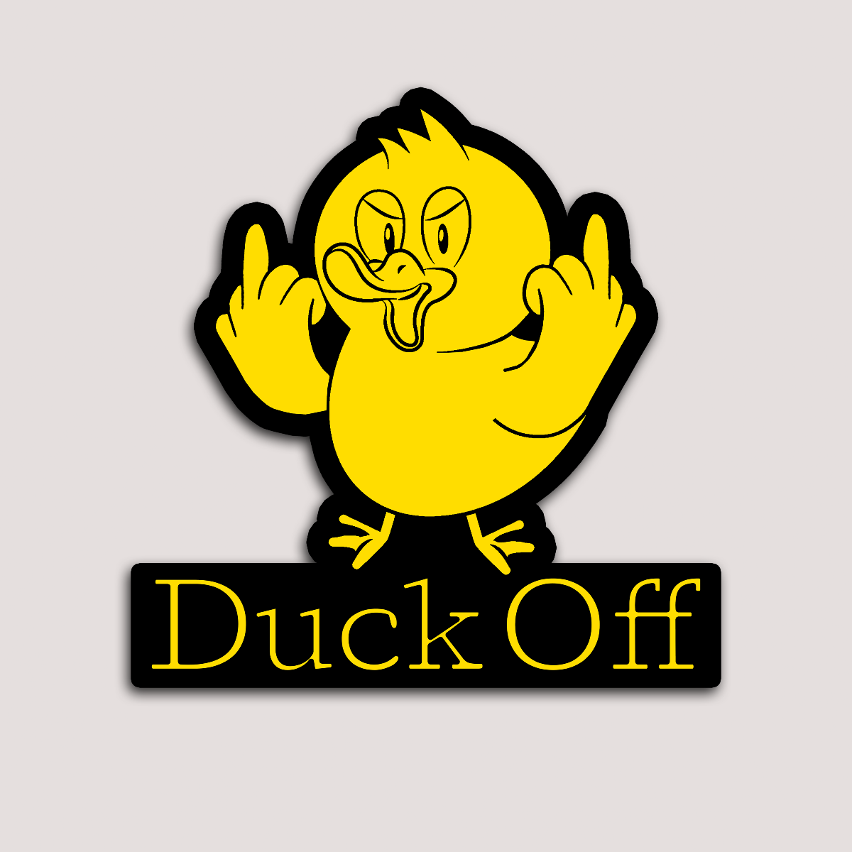A sticker featuring a cartoon duck with a 'Duck Off' text below it.