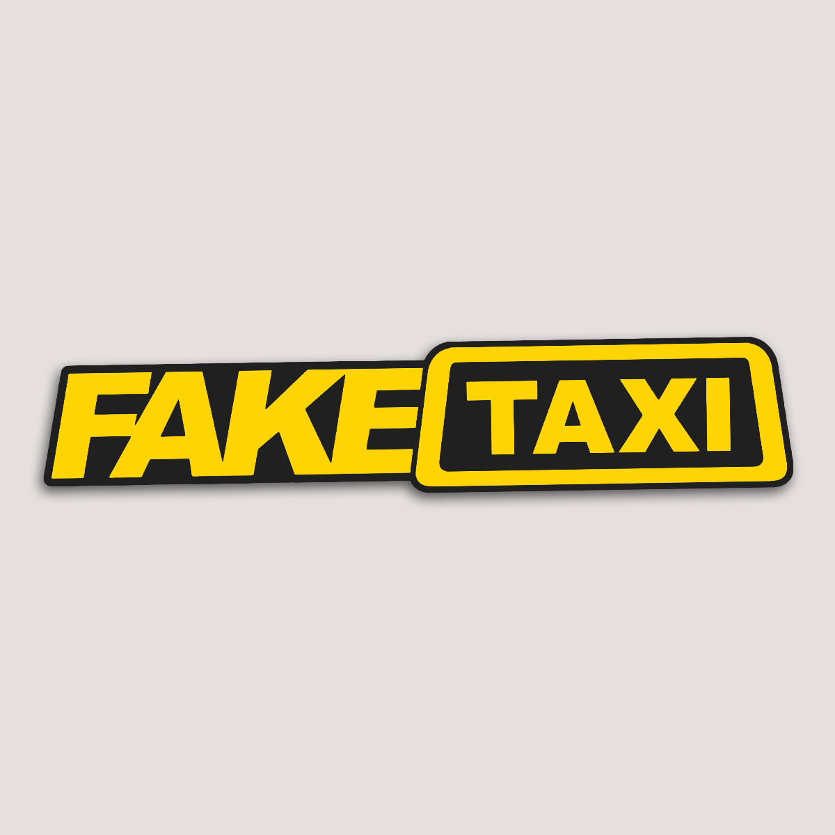 A sticker with the text 'FAKE TAXI' in bold yellow and black letters against a white background.