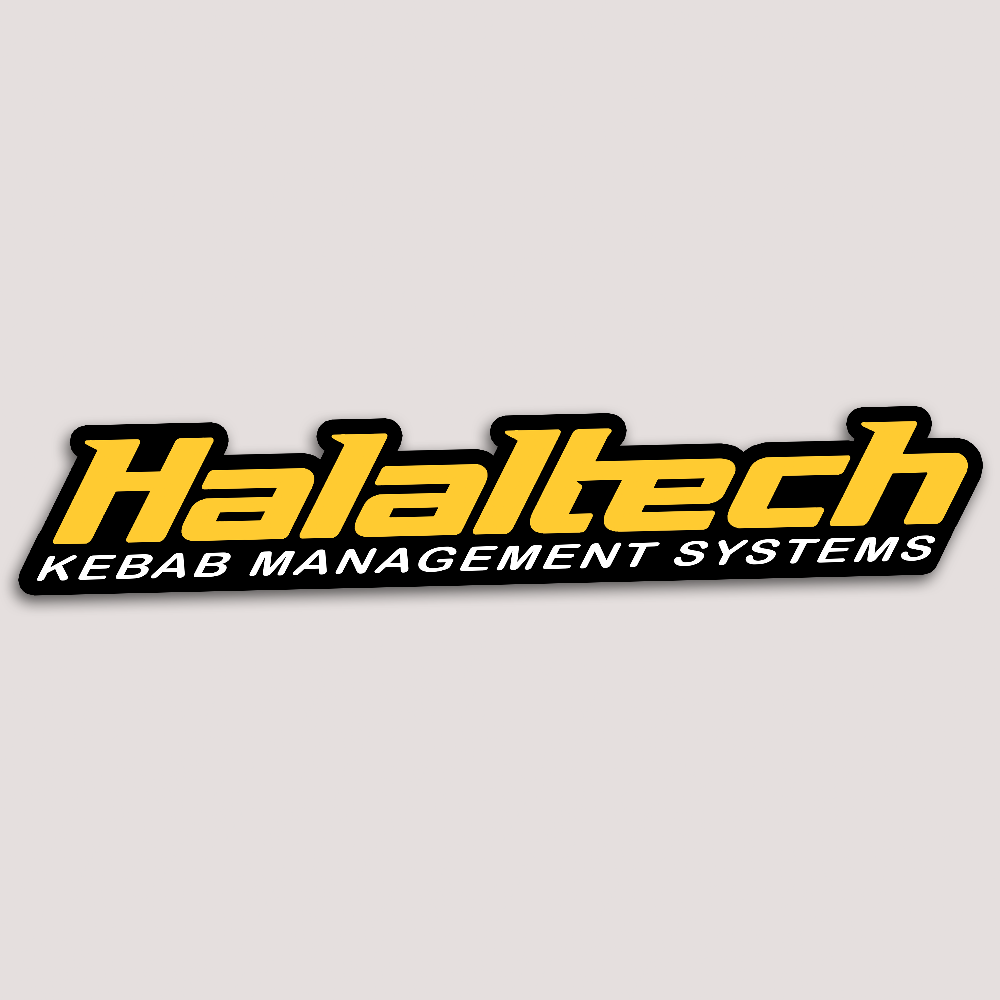 A sticker with the text 'Halaltech KEBAB MANAGEMENT SYSTEMS' in a yellow and black color scheme.