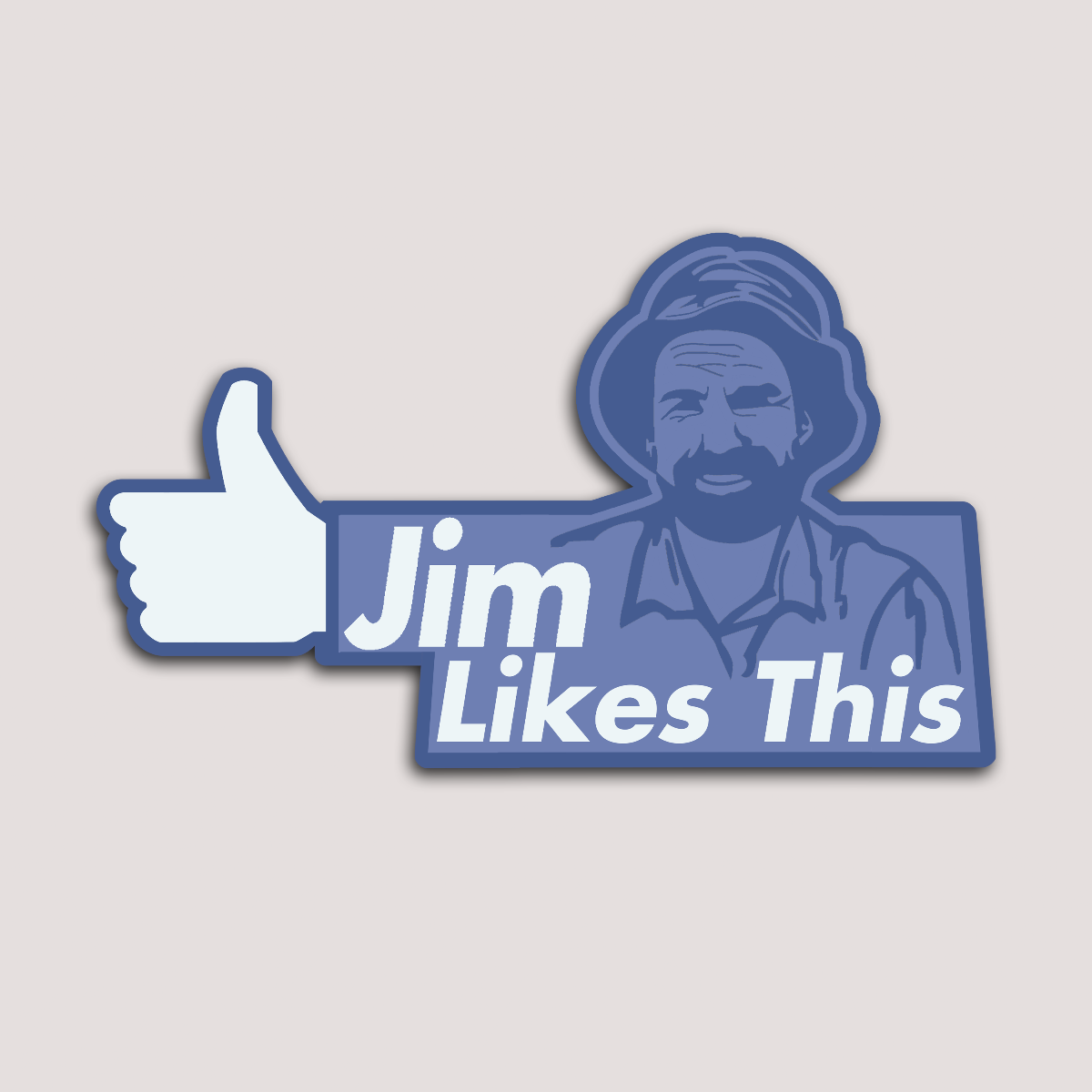 A sticker with an illustration of a man giving a thumbs up, with the text 'Jim Likes This'. Styled like facebook.
