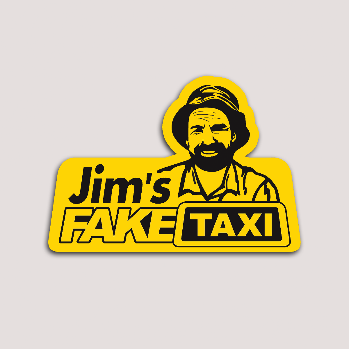 A yellow vinyl sticker with the text 'Jim's Faketaxi' and an illustration of a man's face.
