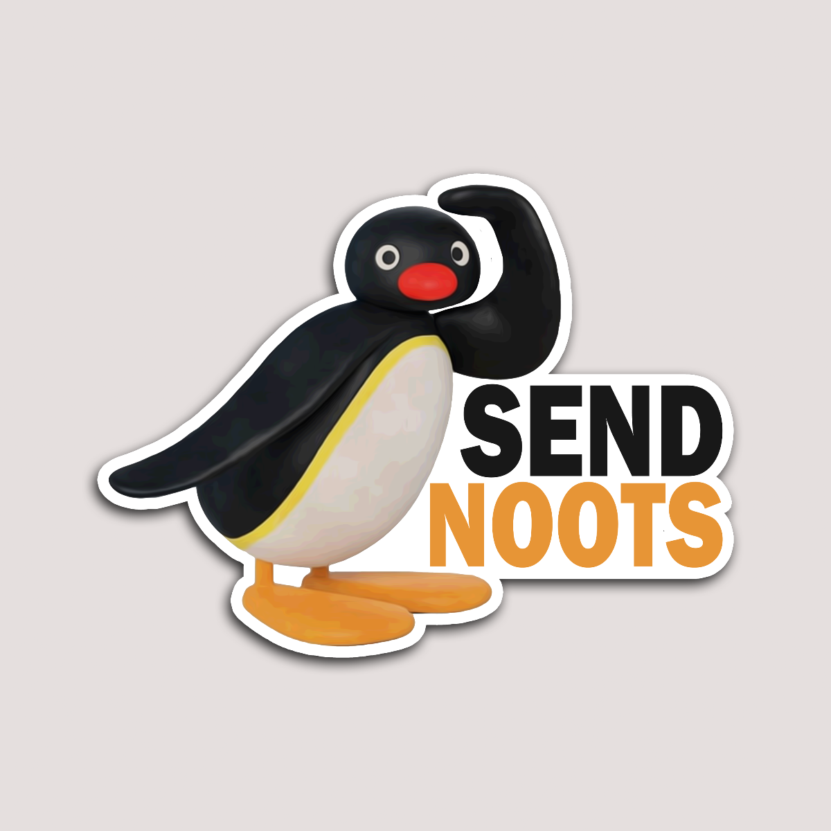 A sticker featuring a cartoon penguin with the text 'SEND NOOTS'.