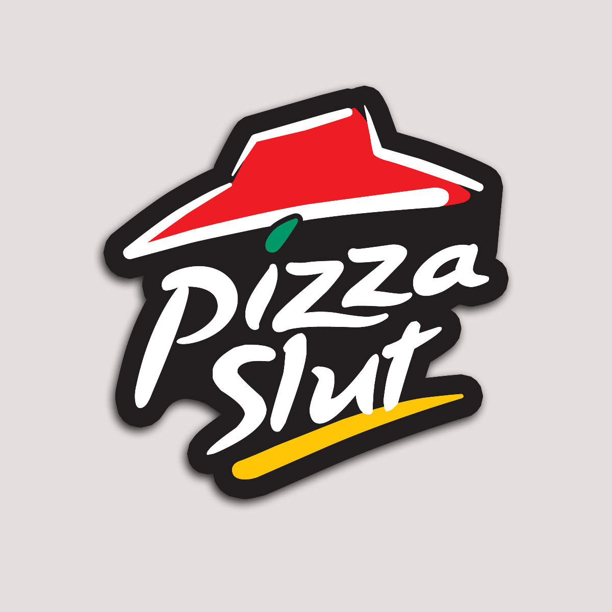 A sticker with a black background featuring the text 'Pizza Slut' in white and red lettering, with a red pizza slice icon above the text.