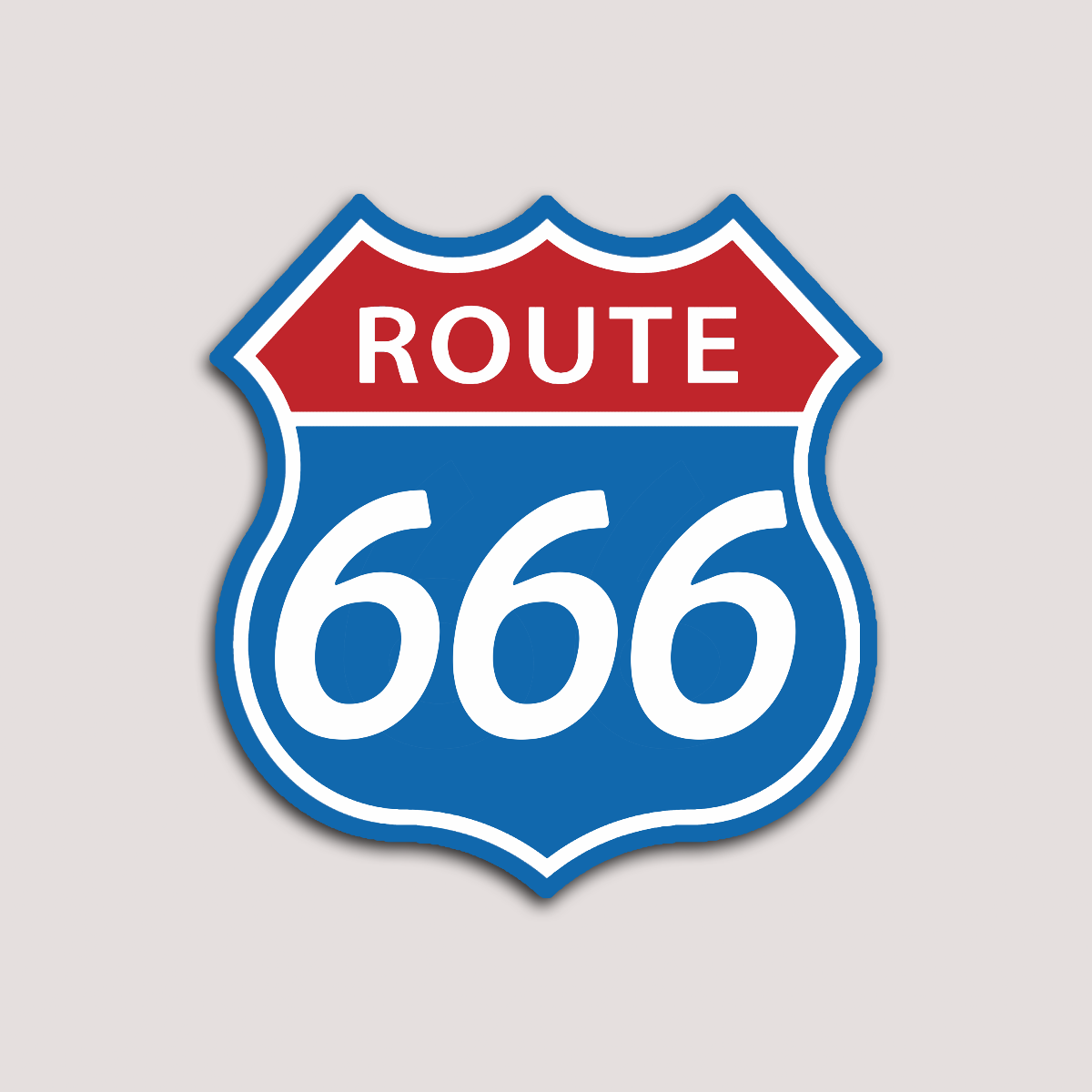 A sticker with a blue and red shield design featuring the text 'ROUTE 666'.