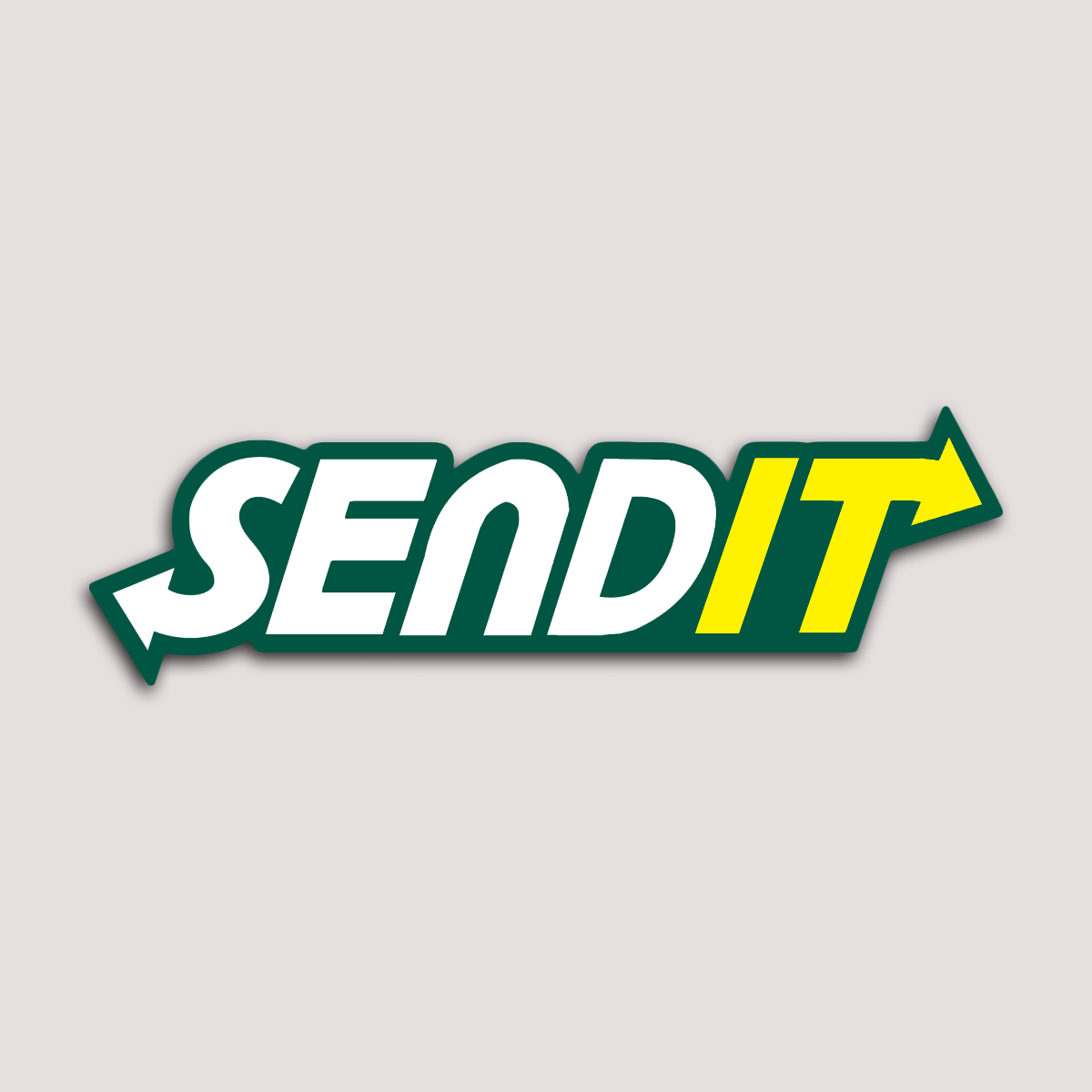 A sticker with the text 'SENDIT' in green and yellow colors, with an arrow pointing to the right.