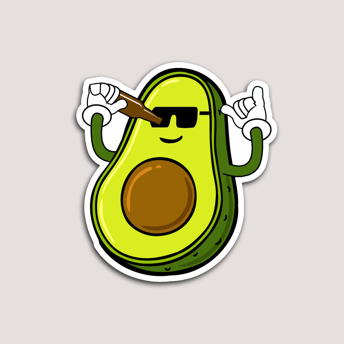 A sticker of a cartoon avocado character with arms and legs, wearing sunglasses and drinking a beer.