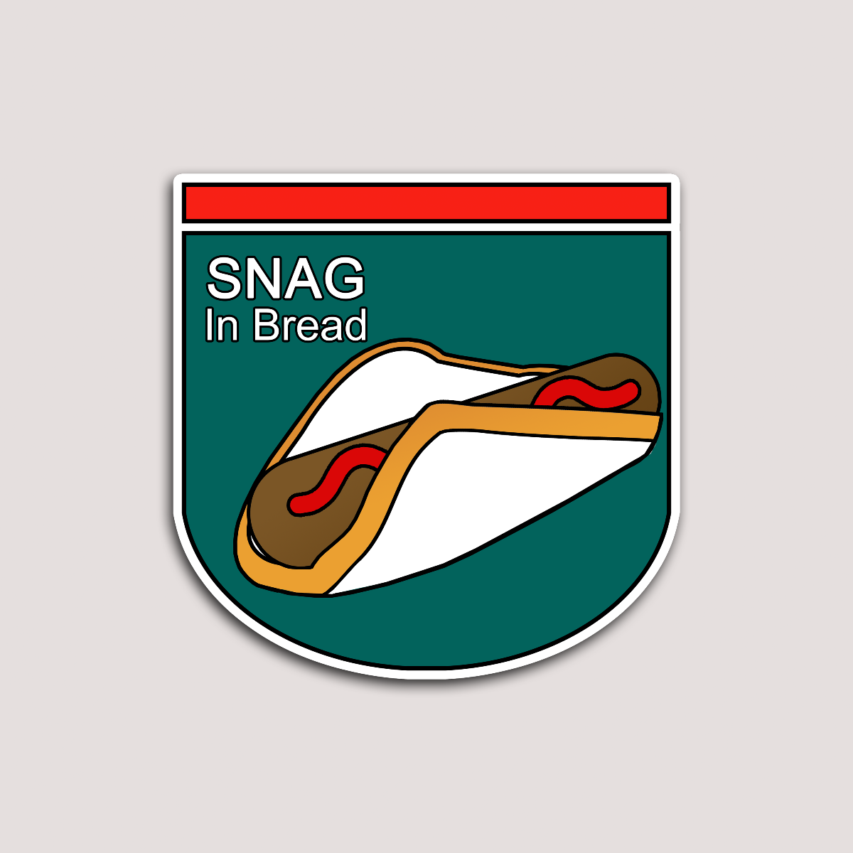 A sticker with a cartoon illustration of a sandwich with the text 'SNAG In Bread' on a green, red, and white background.