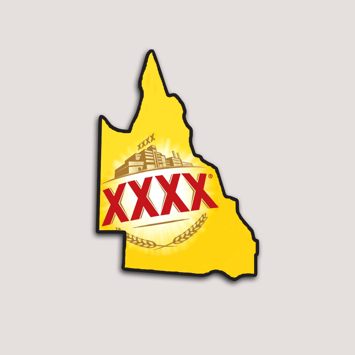 A sticker in the shape of the state of Queensland with the xxxx logo and watermarked xxxx factory in the center.